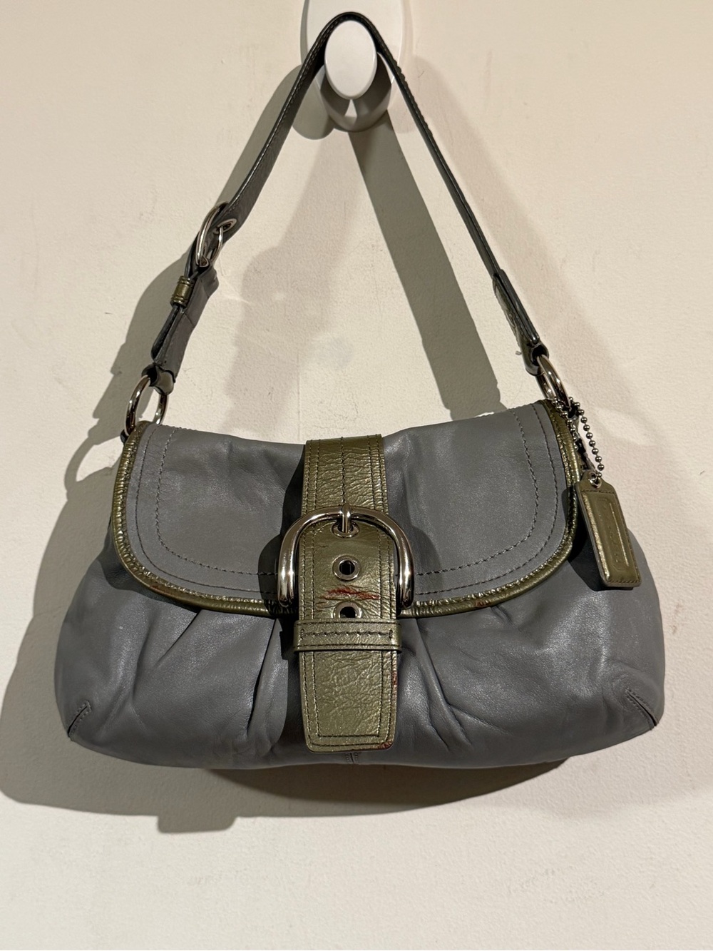 Coach soho Gray Leather Shoulder Bag with Olive Trim